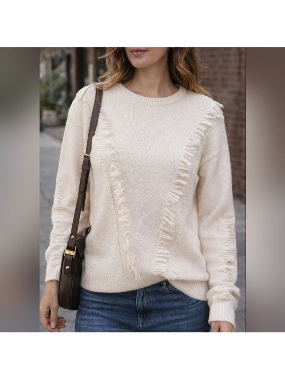 Women's Bartolini Merino Wool Cashmere Crew Neck Sweater with Fringe Detail